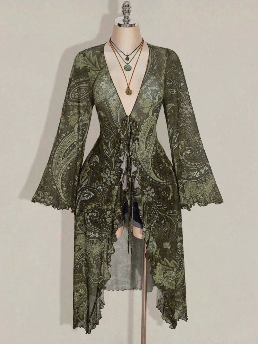 SHEINCurve+ Olive Paisley Lace-Trim Tie-Front Kimono